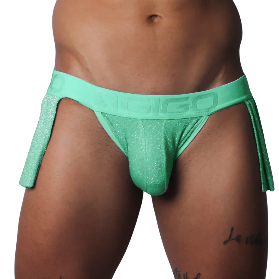 Flash green glittery athletic jockstrap with a branded waistband and detached side skirt panels.