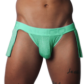 Flash green glittery athletic jockstrap with a branded waistband and detached side skirt panels.
