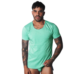 Flash green short-sleeve t-shirt with a subtle sparkling finish and a wide, rounded scoop neckline.