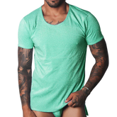 Short-sleeve slim-fit T-shirt in flash green with a shimmering metallic texture and a wide scoop neckline.