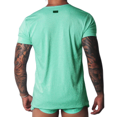 Shimmering flash green short-sleeve t-shirt with a slim fit and small rectangular logo patch on the upper back.