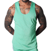 Flash green scoop neck tank top in a shimmering, textured material.
