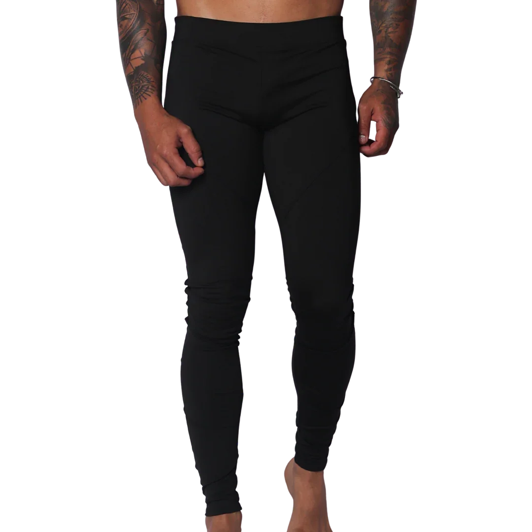 Form-fitting black Lycra leggings featuring a high-rise elastic waistband and a sleek, minimalist design.