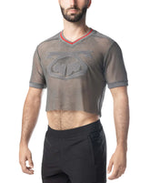 Gray mesh crop top flex jersey with red-trimmed v-neck and bold dark gray logo on the chest