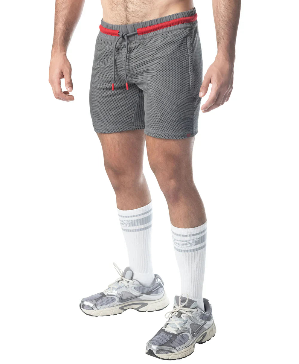 Flex rugby short gray mesh shorts with a red elastic waistband and matching drawstring for athletic use