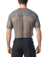 Flex jersey gray mesh short-sleeved athletic top with red trim at the neckline for active wear