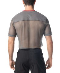 Flex jersey gray mesh short-sleeved athletic top with red trim at the neckline for active wear