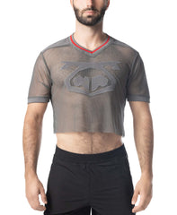 Flex jersey gray mesh crop top with red-trimmed v-neck and dark gray geometric logo on the chest