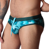 Floral Blue Swim Brief front view by Gigo Underwear