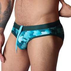 Floral Blue Swim Brief front view by Gigo Underwear