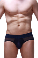 Navy blue petitq brief dugny with sheer mesh sides and solid front panel in lightweight breathable fabric