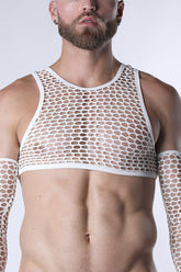 A man wears the CellBlock 13 white Vaux Galaxy mesh cropped tank top with matching arm sleeves.