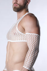 Bearded man wearing a white CellBlock 13 Vaux Galaxy mesh cropped tank top and arm sleeves.