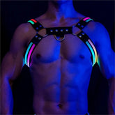 Torso of a shirtless model wearing a black fetish harness with glowing neon pink and green light-up stripes against a black background.