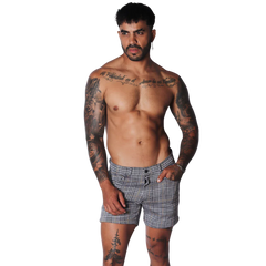 Men’s Gigo Sunday Gold short in a black and white glen plaid pattern with a tailored, slim-fit silhouette.