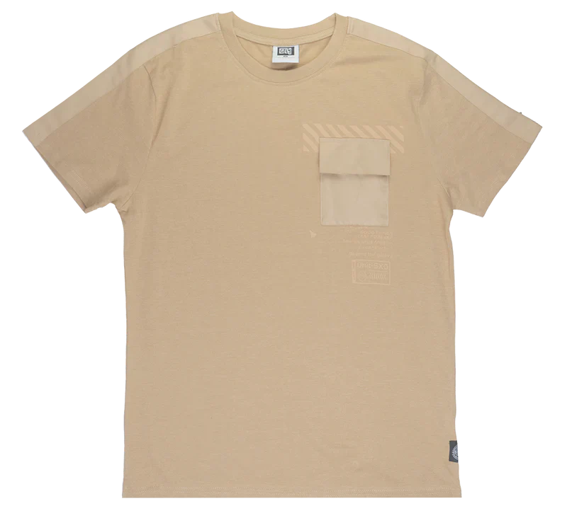 Beige gtl4 pocket t-shirt with short sleeves chest pocket and subtle diagonal stripe detailing