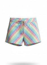 Tulio Swimwear shorts in linen texture with a diagonal rainbow dot pattern and a front drawstring.