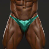 Shiny teal metallic MetroMaleWear posing briefs with textured mesh pattern for green patch posing suit