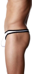 White groovin underwear accent thong with black trim and a small logo on the side made of soft fabric