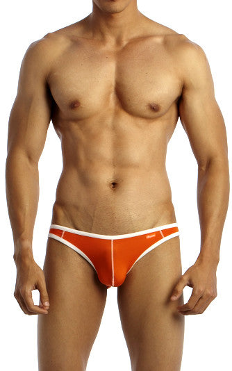 Orange and white groovin underwear accent v-cut bikini briefs with a sleek form-fitting athletic design