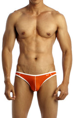 Orange and white groovin underwear accent v-cut bikini briefs with a sleek form-fitting athletic design