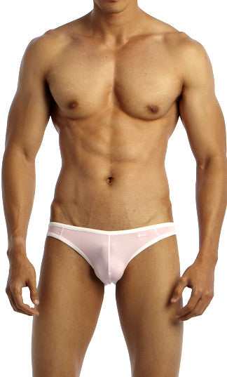 A sleek light pink groovin underwear accent v-cut bikini brief with smooth fabric and subtle white waistband trim