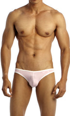 A sleek light pink groovin underwear accent v-cut bikini brief with smooth fabric and subtle white waistband trim