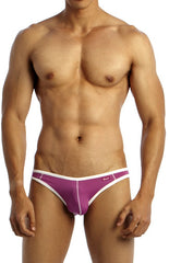 Purple and white groovin underwear accent v cut bikini briefs with sleek form fitting athletic design