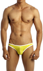 Bright yellow groovin underwear accent v-cut bikini briefs with white trim for comfortable everyday wear
