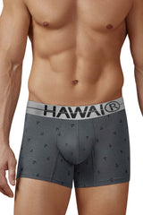Gray cotton blend boxer briefs with black anchor pattern and white hawaii waistband for comfortable support