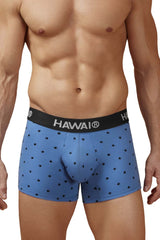 Blue Hawaiian men’s cotton blend boxer briefs in blue quartz with black palm tree prints and Hawaii logo waistband