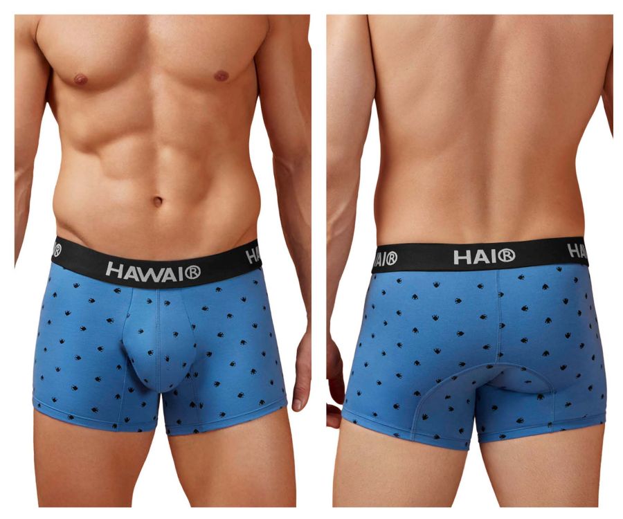Blue hai boxer briefs with black palm tree patterns and a black waistband in cotton blend blue quartz trunks