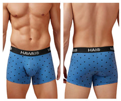Blue hai boxer briefs with black palm tree patterns and a black waistband in cotton blend blue quartz trunks