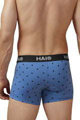 Blue hai boxer briefs in blue quartz with black paw print pattern and padded rear section cotton blend trunks