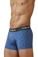 Blue hawaiian boxer briefs with black elastic branded waistband and black palm tree prints in cotton blend fabric