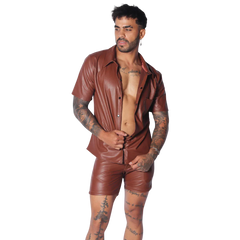 Brown short-sleeve button-down shirt in smooth faux leather with a classic collar and chest pocket.