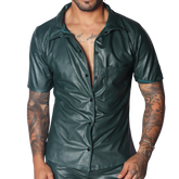 Dark green short-sleeved button-up shirt in faux leather with a classic collar and single chest pocket.