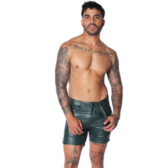 Men's dark green faux leather fitted shorts with a zipper closure and a silver chain accessory at the waist.