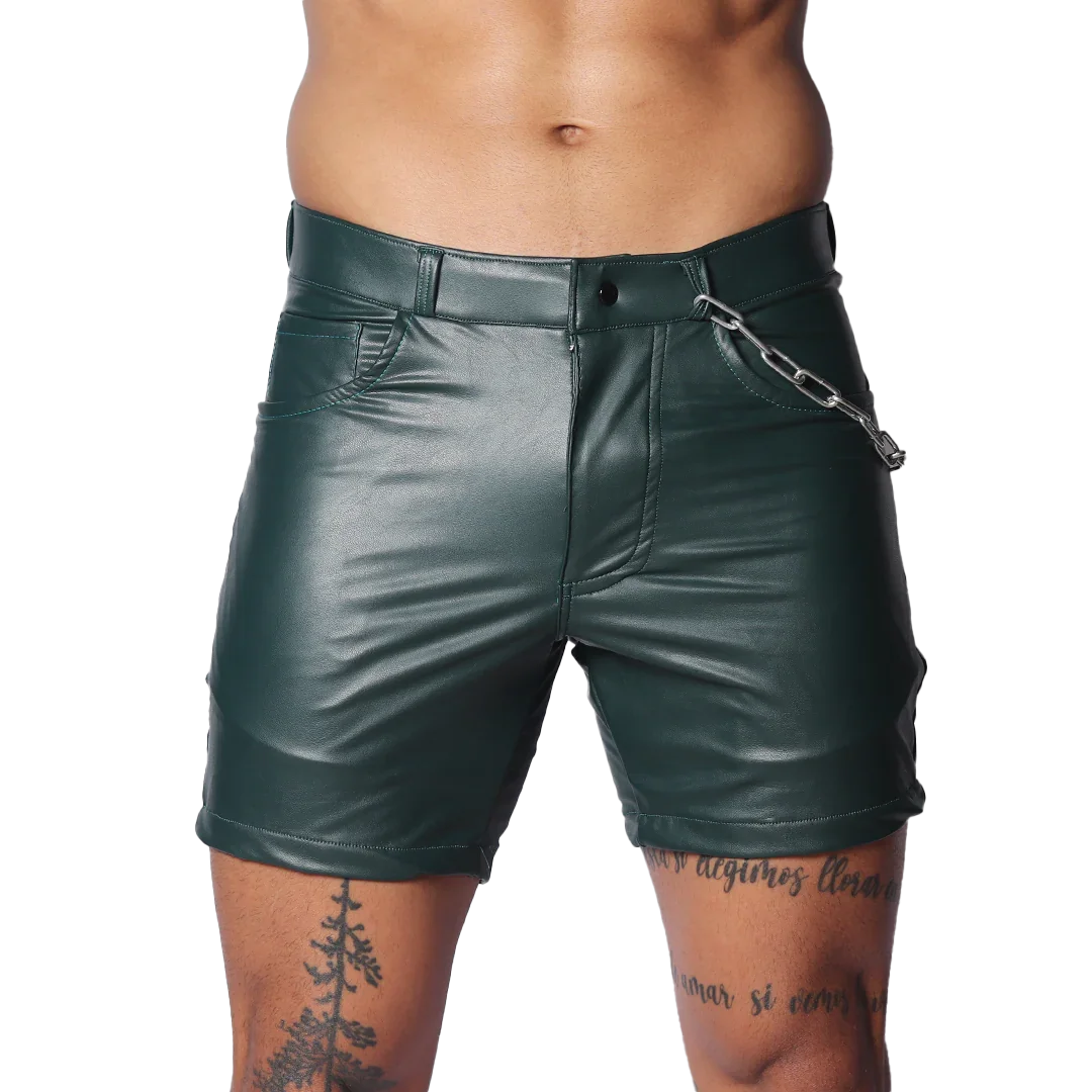 Dark green faux-leather shorts with a button closure, belt loops, and a decorative silver chain on the front pocket.