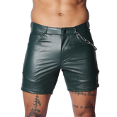 Dark green faux-leather shorts with a button closure, belt loops, and a decorative silver chain on the front pocket.