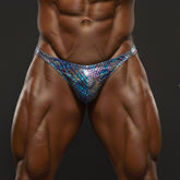 MetroMaleWear PosingWear high-tech posing suit briefs with shiny iridescent blue and purple snake-scale pattern