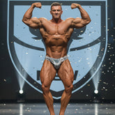 Shiny silver patterned briefs with number 93 from MetroMaleWear hologram silver posing suit for posing use