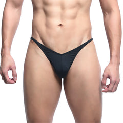 Black form-fitting thong made of smooth stretchy fabric from metromalewear posingwear ifbb pro posing suit front view