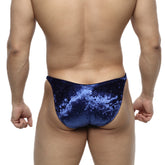 Deep blue velvet MetroMaleWear PosingWear IFBB PRO swim trunks with shimmering galaxy pattern for posing suit use