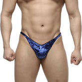 Blue velvet thong with a shimmering textured finish from metromalewear posingwear ifbb pro posing suit blue collection