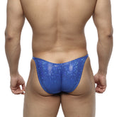 Blue sequined thong with shiny textured surface from MetroMaleWear posingwear IFBB PRO posing suit dazzling blue collection