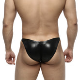 Black glossy faux leather thong with sleek minimalist design from metromalewear posingwear ifbb pro posing suit leather