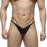 Black glossy latex thong with subtle textured pattern in metromalewear posingwear IFBB pro posing suit leather front view
