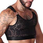 Gigo Illusion black lace crop top with a wide elastic hem and gold-tone hardware on the shoulder straps.