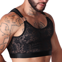 Gigo Illusion black lace crop top with a wide elastic hem and gold-tone hardware on the shoulder straps.